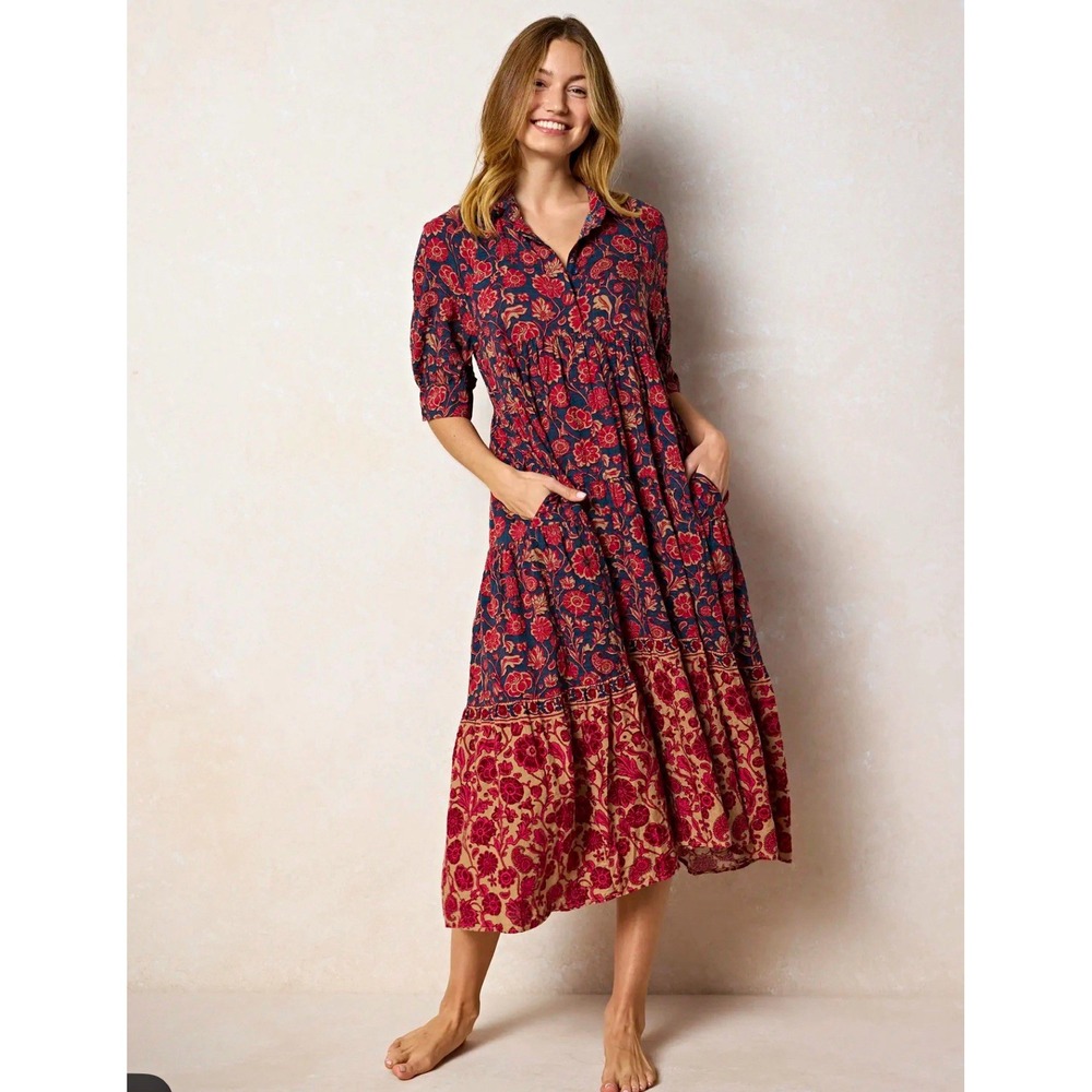 Natural Life Dress Red Navy Wmns Large Paisley Peasant Rebecca Midi Boho Cottage